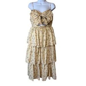 Sofie the Label M Floral Tiered Maxi Dress Yellow Pleated Bow Cutout Romantic